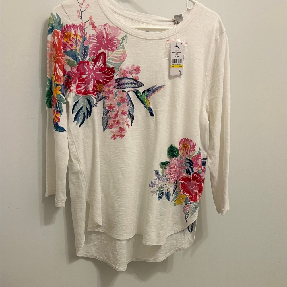 Tommy Bahama Floral Long Sleeve Tee - White with Pink and Green
